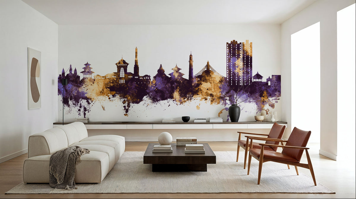 Kathmandu Nepal Skyline Purple & Gold Mural Wallpaper - room preview 06