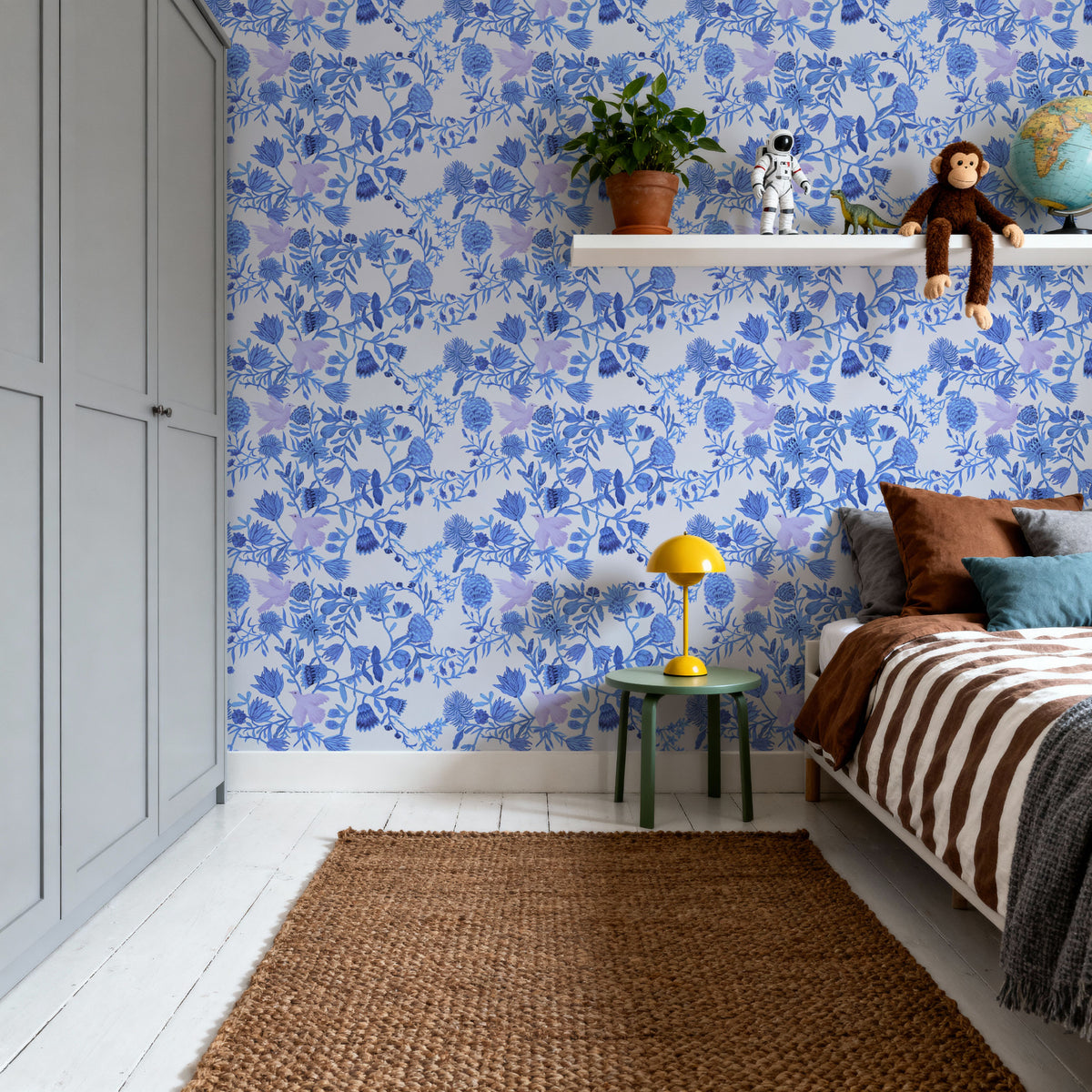 Miracle Blossoms and Birds, Blues Mural Wallpaper - room preview 06