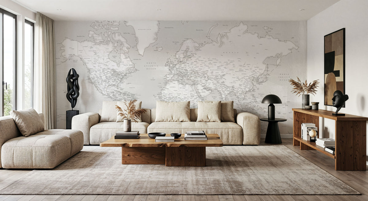 World Map Cities - Maeli Neutral Mural Wallpaper - room preview 06