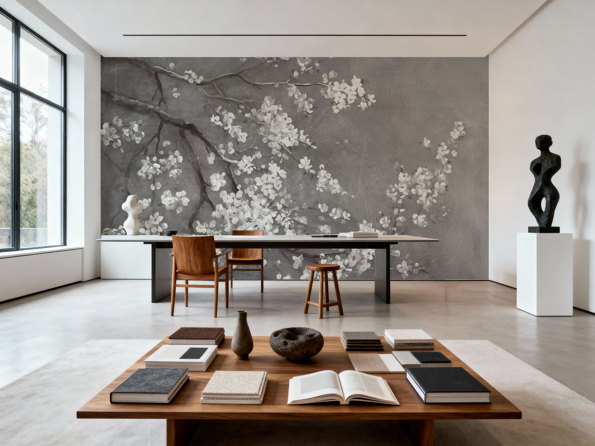 White Cherry Blossoms I on Grey Mural Wallpaper - room preview 06
