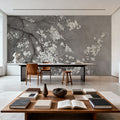 White Cherry Blossoms I on Grey Mural Wallpaper - room preview 06