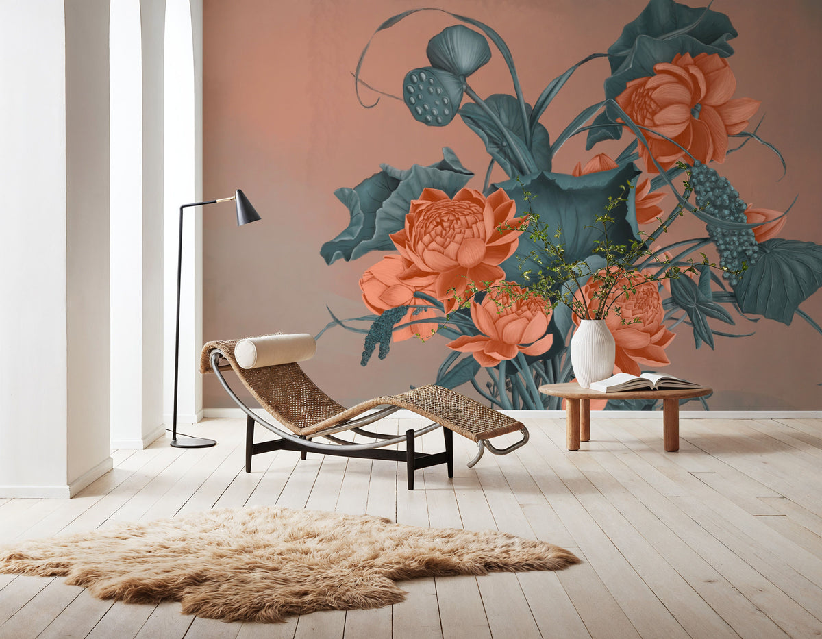 Humble Blooms - Peach and Teal Mural Wallpaper - room preview 06