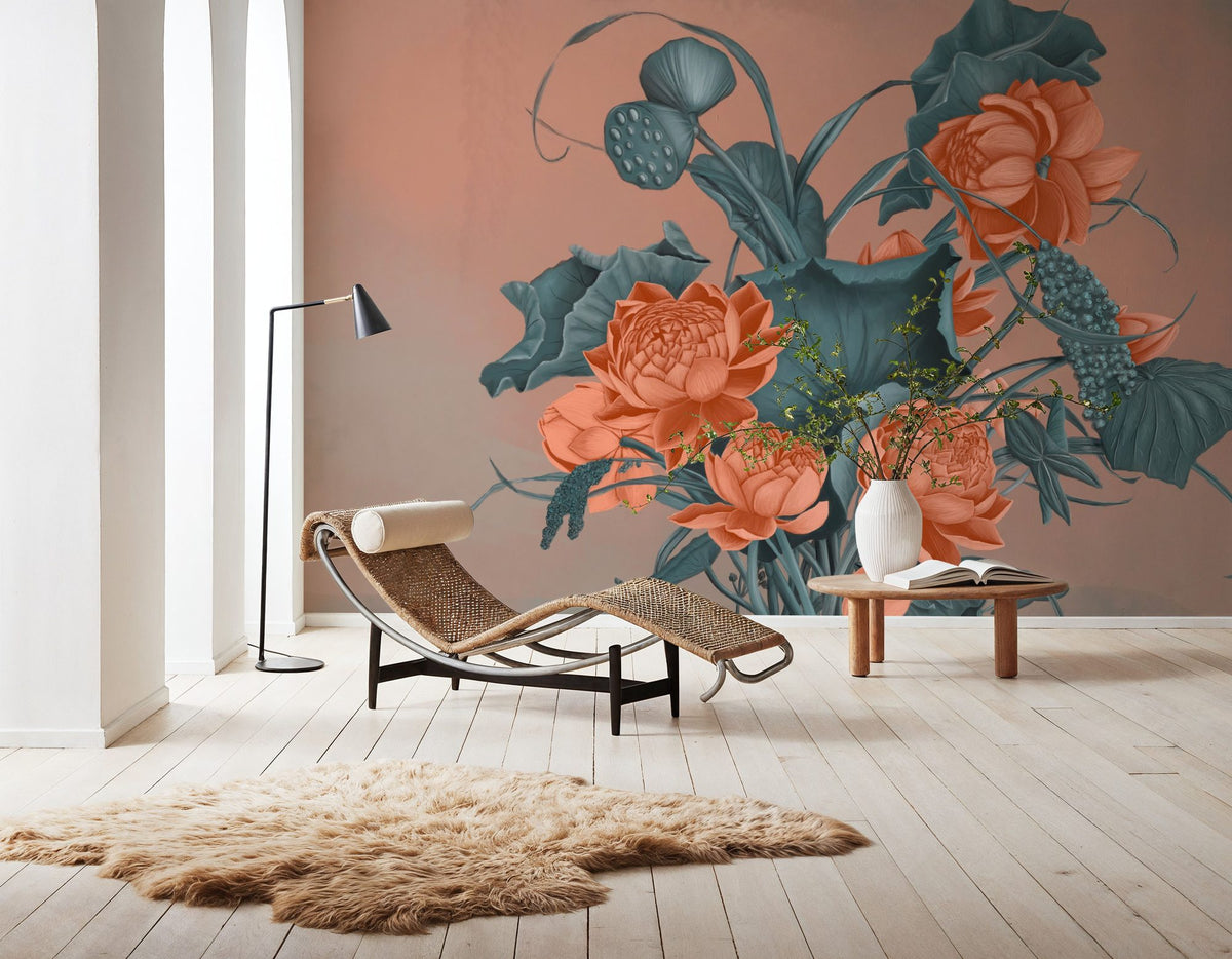 Humble Blooms - Peach and Teal Mural Wallpaper - room preview 06
