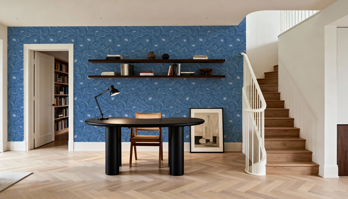 Hidden Peonies, Blue Mural Wallpaper - room preview 06