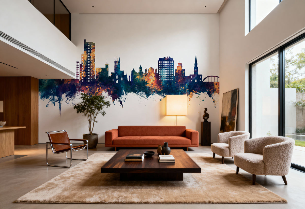 Wolverhampton England Skyline Blue & Bronze Mural Wallpaper - room preview 06