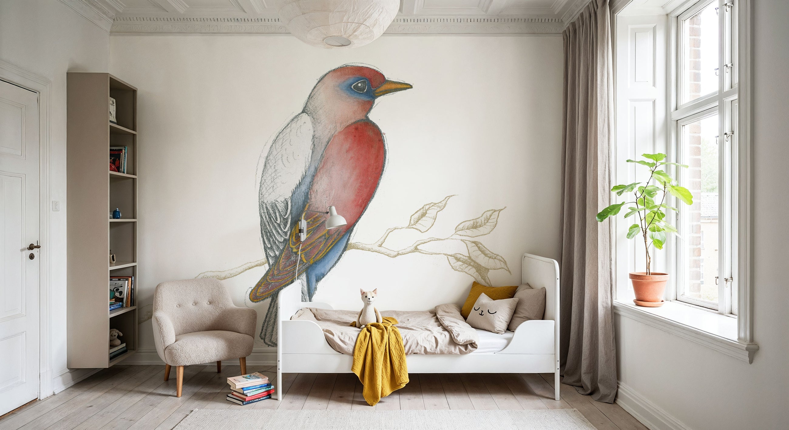 Arts and Crafts Birds I on White Mural Wallpaper