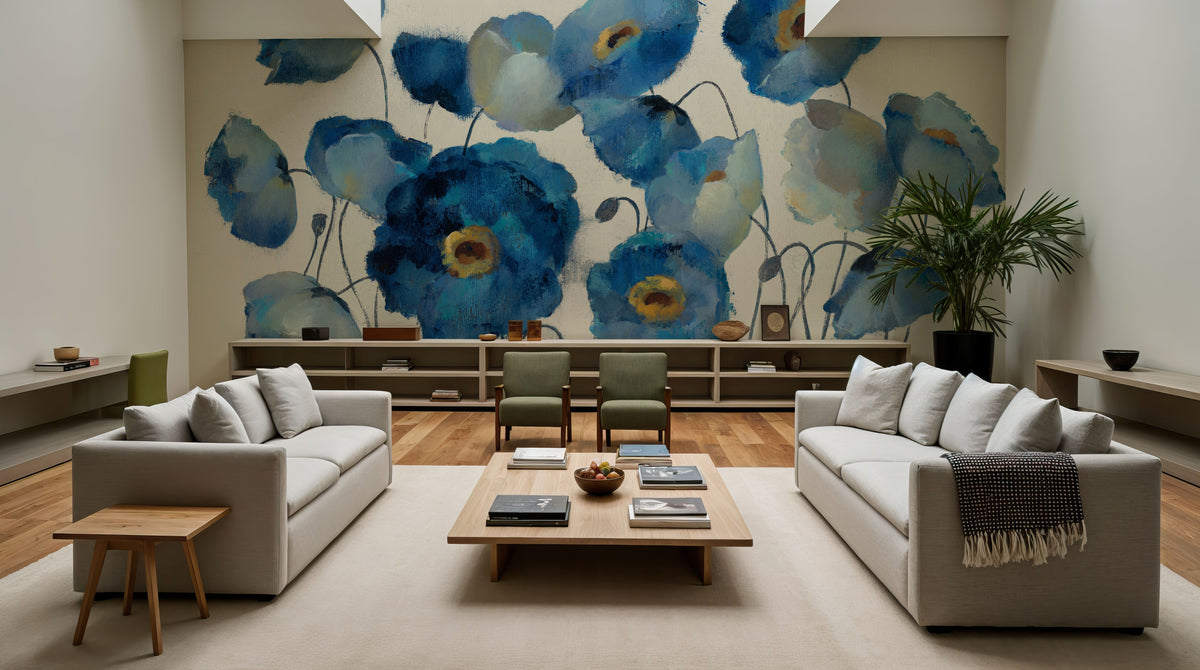 Aquamarine Floral on Cream Mural Wallpaper - room preview 06