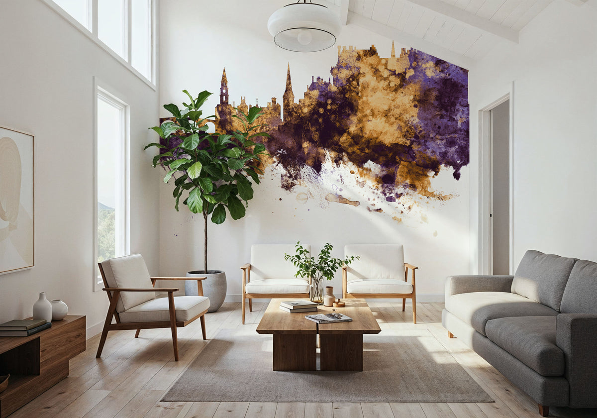 Stirling Scotland Skyline Purple & Gold Mural Wallpaper - room preview 06