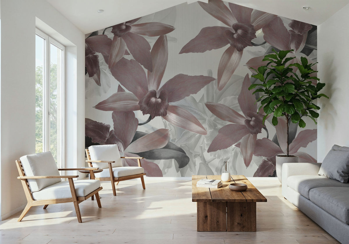 Big Orchids Sepia Light Mural Wallpaper - room preview 06