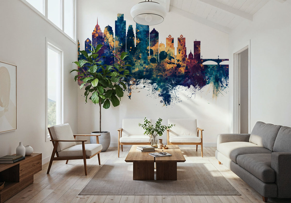 Philadelphia Skyline Blue & Bronze Mural Wallpaper - room preview 06
