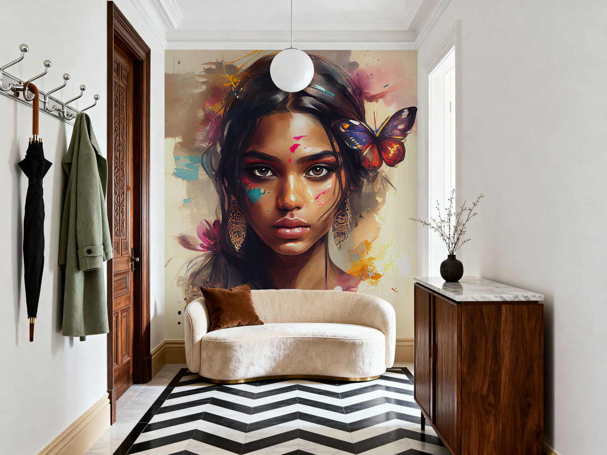 Watercolor Butterfly Woman Mural Wallpaper - room preview 06