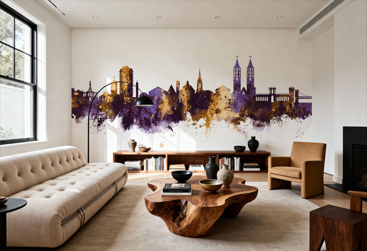 Kassel Germany Skyline Purple & Gold Mural Wallpaper - room preview 06