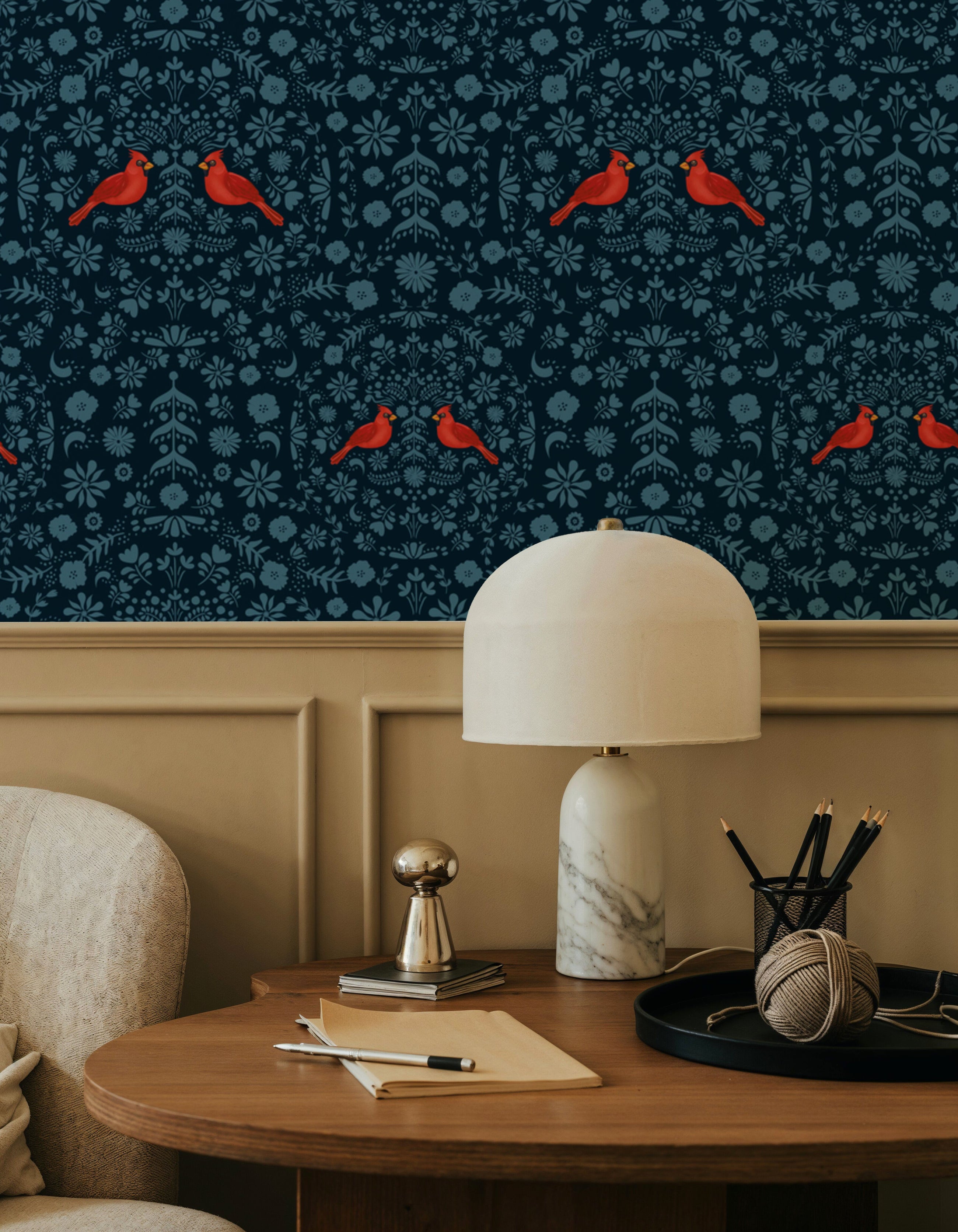 Cardinal Christmas, Blue on Blue Mural Wallpaper