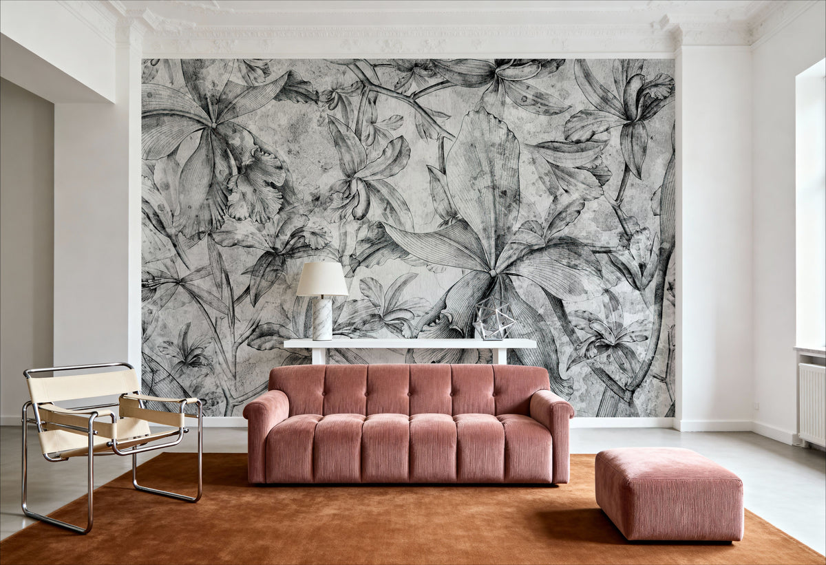 Orchids Sketch Mural Wallpaper - Neutral Tone - room preview 06