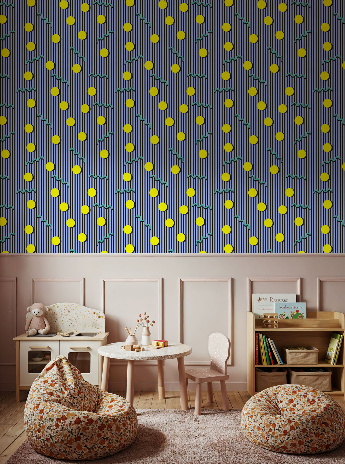 Memphis Dots & Stripes, Lilac Mural Wallpaper - room preview 06