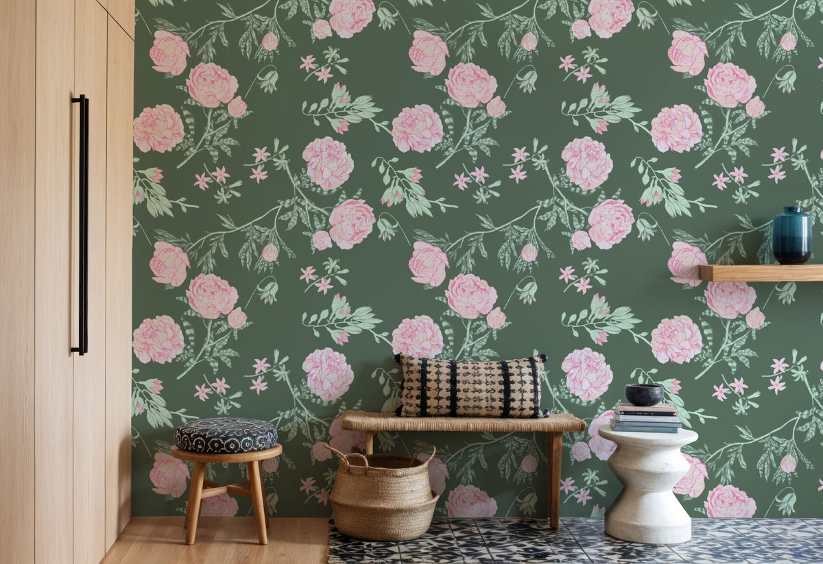 Peony Passion, Green Mural Wallpaper - room preview 06