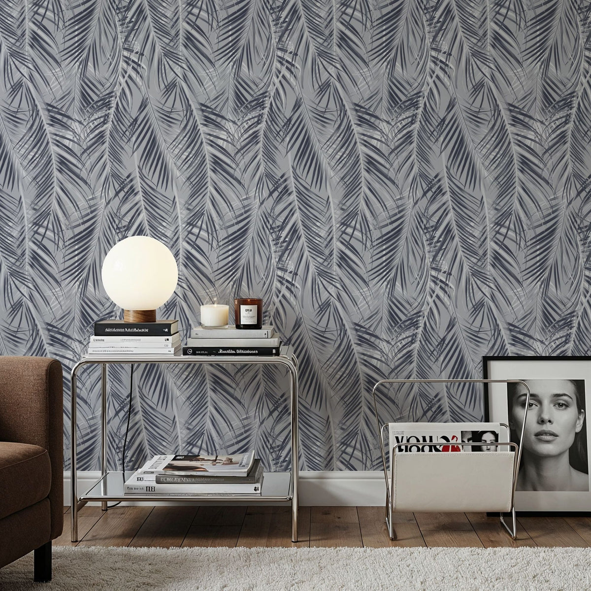 Swaying Palm Leaves, Grey Mural Wallpaper - room preview 06