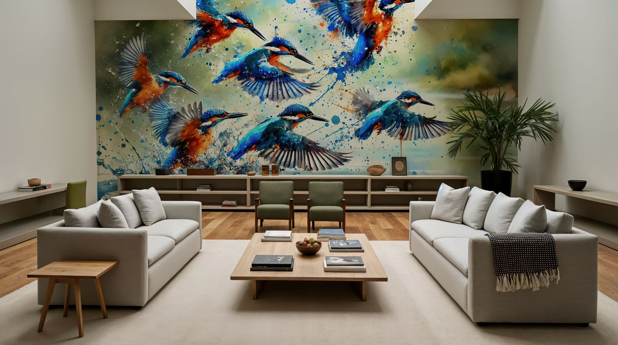 Aqua Flight of Kingfishers Mural Wallpaper