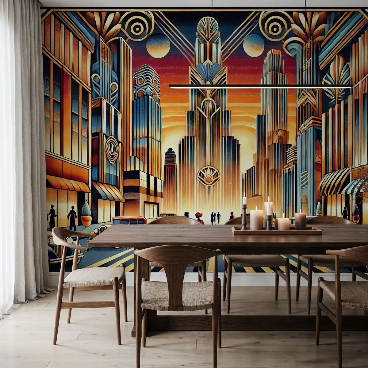 Elegant Art Deco Cityscape Mural Wallpaper - room preview 06