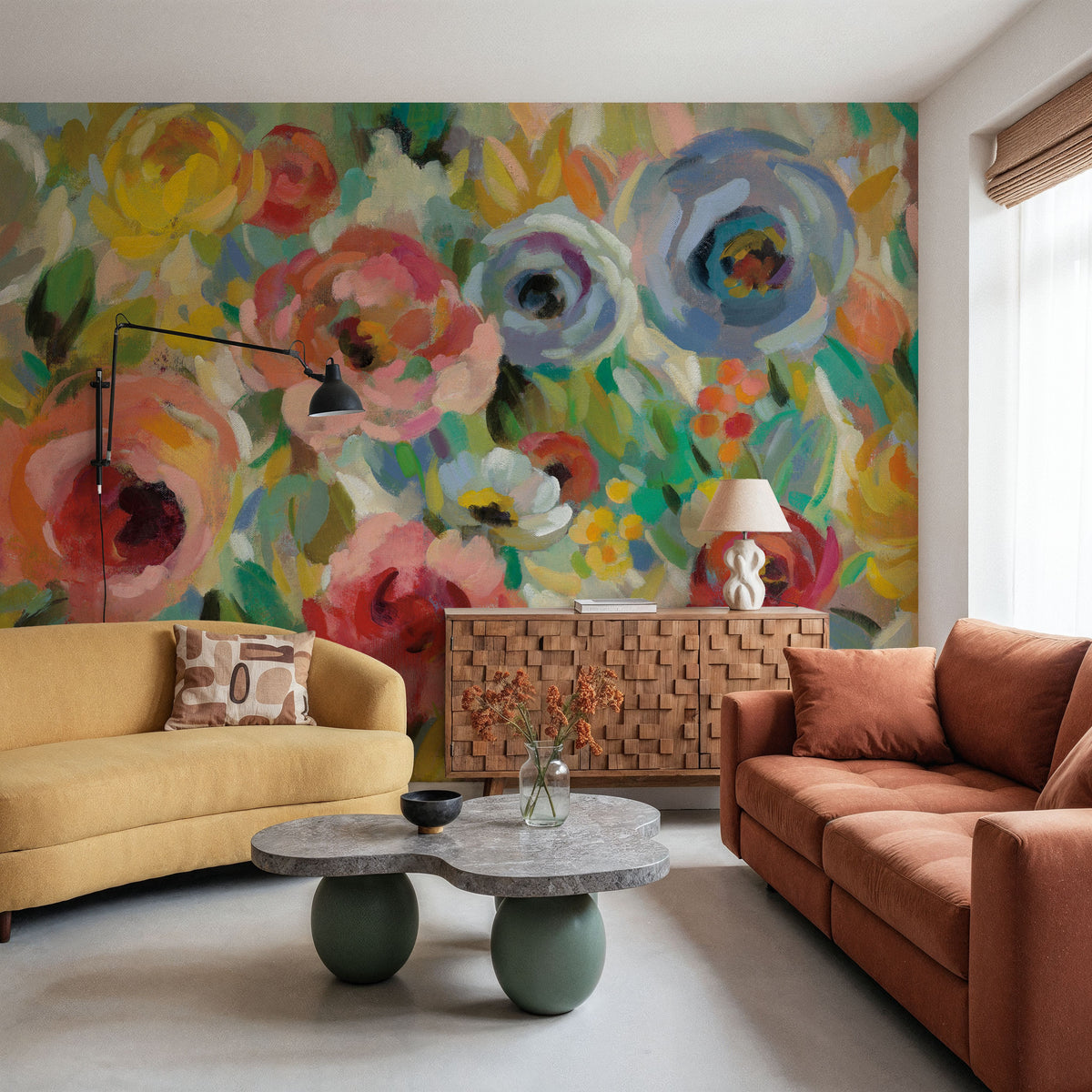 Vivid Coral Floral I Mural Wallpaper - room preview 06