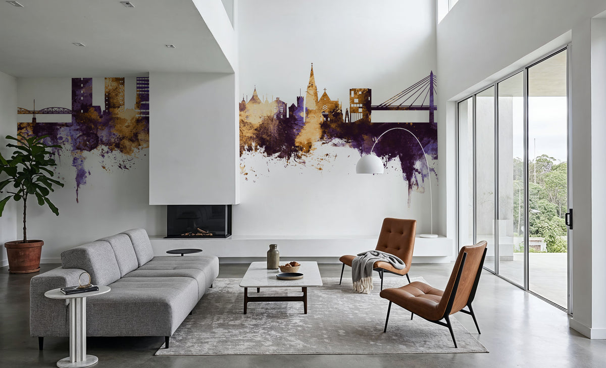 Umeå Skyline Purple & Gold Mural Wallpaper - room preview 06