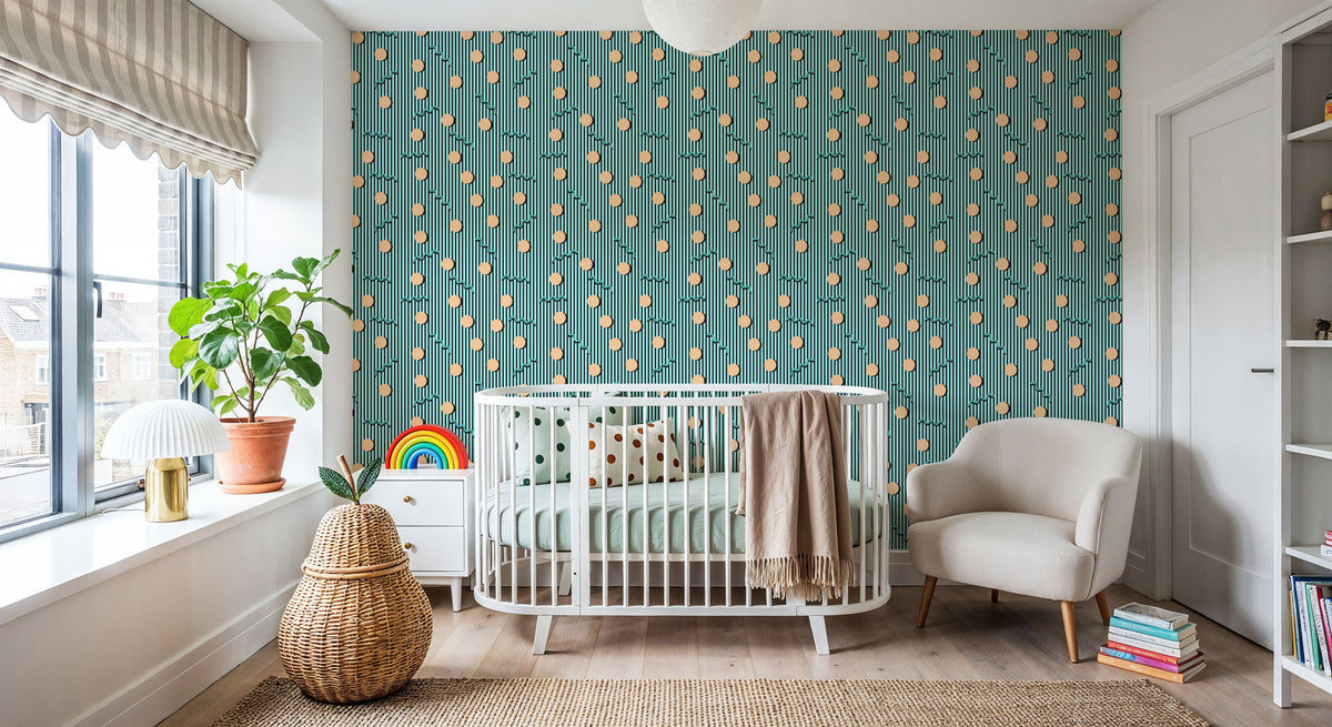 Memphis Dots & Stripes, Cyan Mural Wallpaper - room preview 06