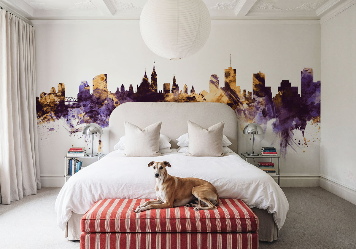 Ottowa Canada Skyline Purple & Gold Mural Wallpaper - room preview 06