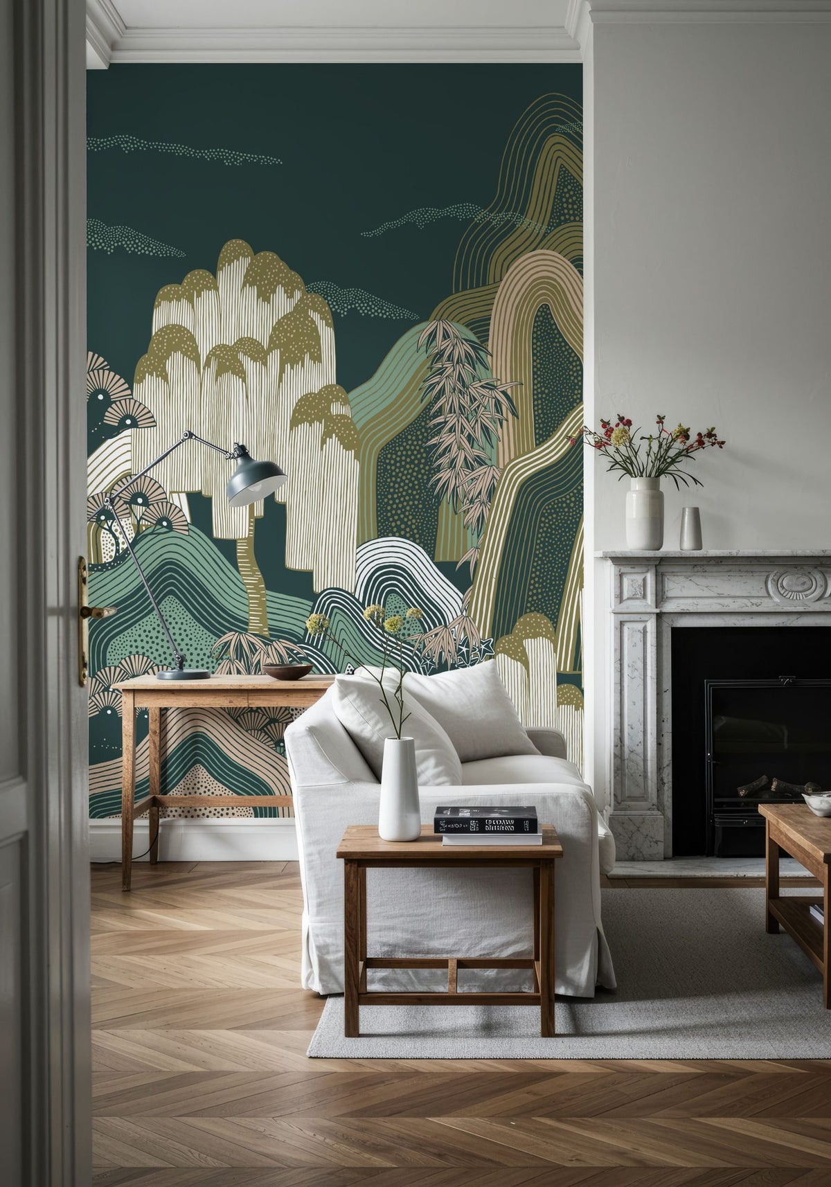 Whispers of the Mountain, Green Mural Wallpaper - room preview 06
