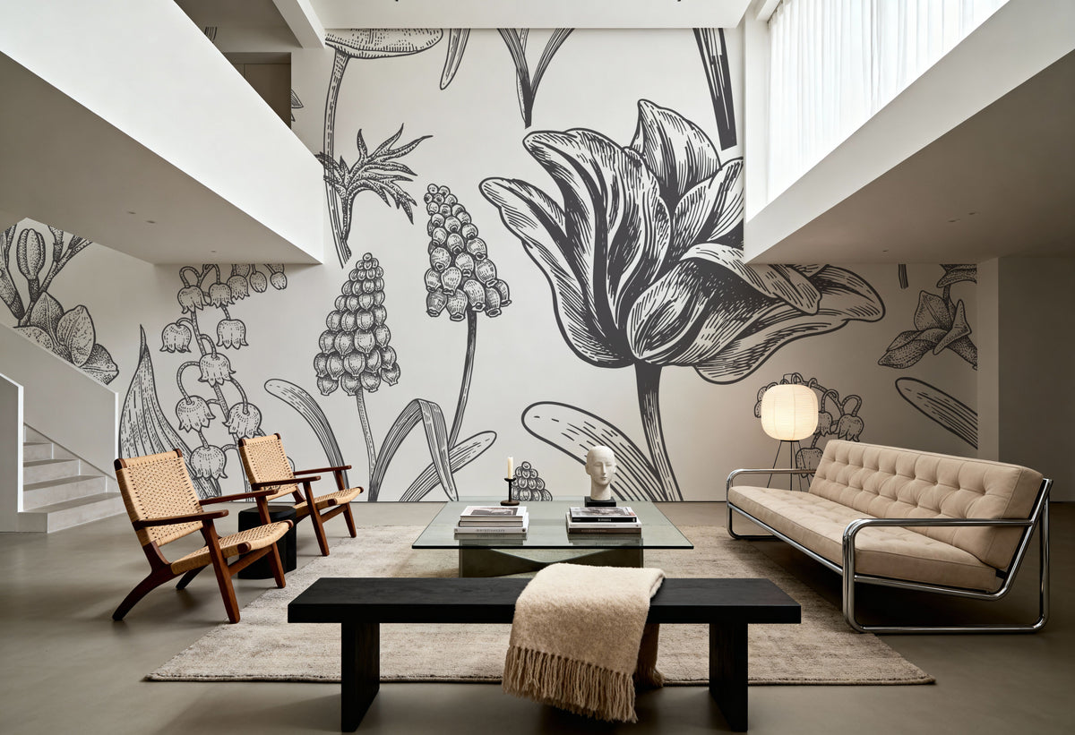 Spring Flower Sketching Mural Wallpaper - room preview 06