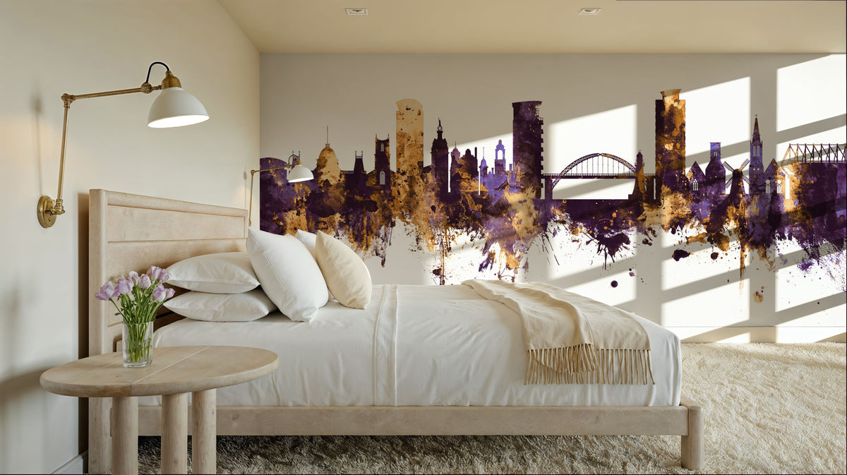Sunderland England Skyline Purple & Gold Mural Wallpaper - room preview 06