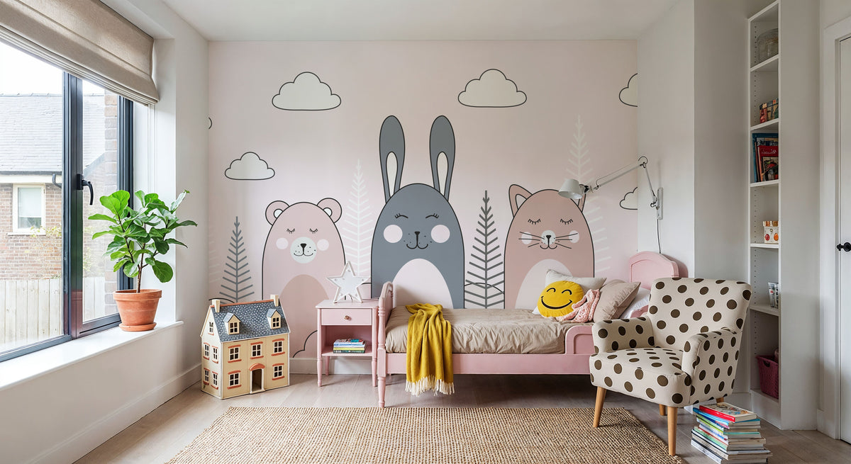 Sleeping Bunny Pink Mural Wallpaper - room preview 06