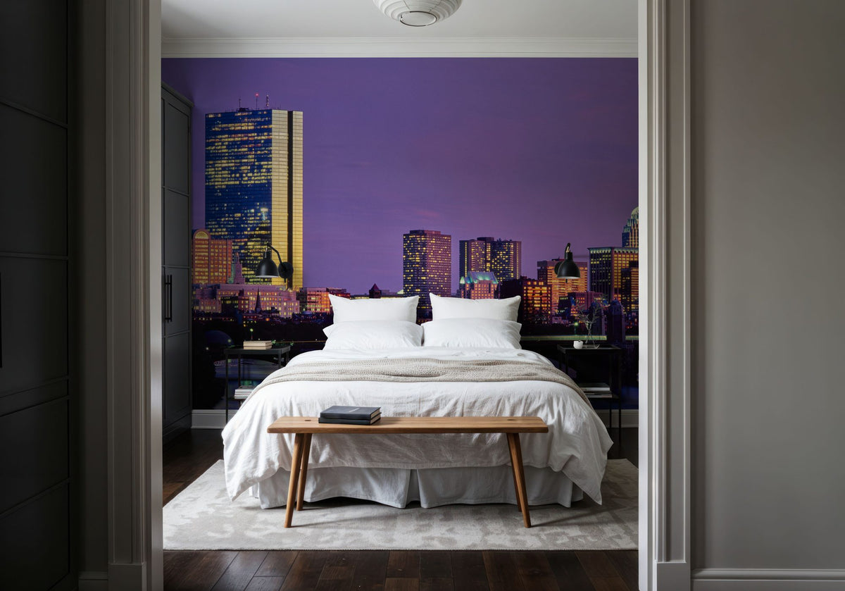 Purple Sunrise Gradient Twilight Metropolis Mural Wallpaper - room preview 06