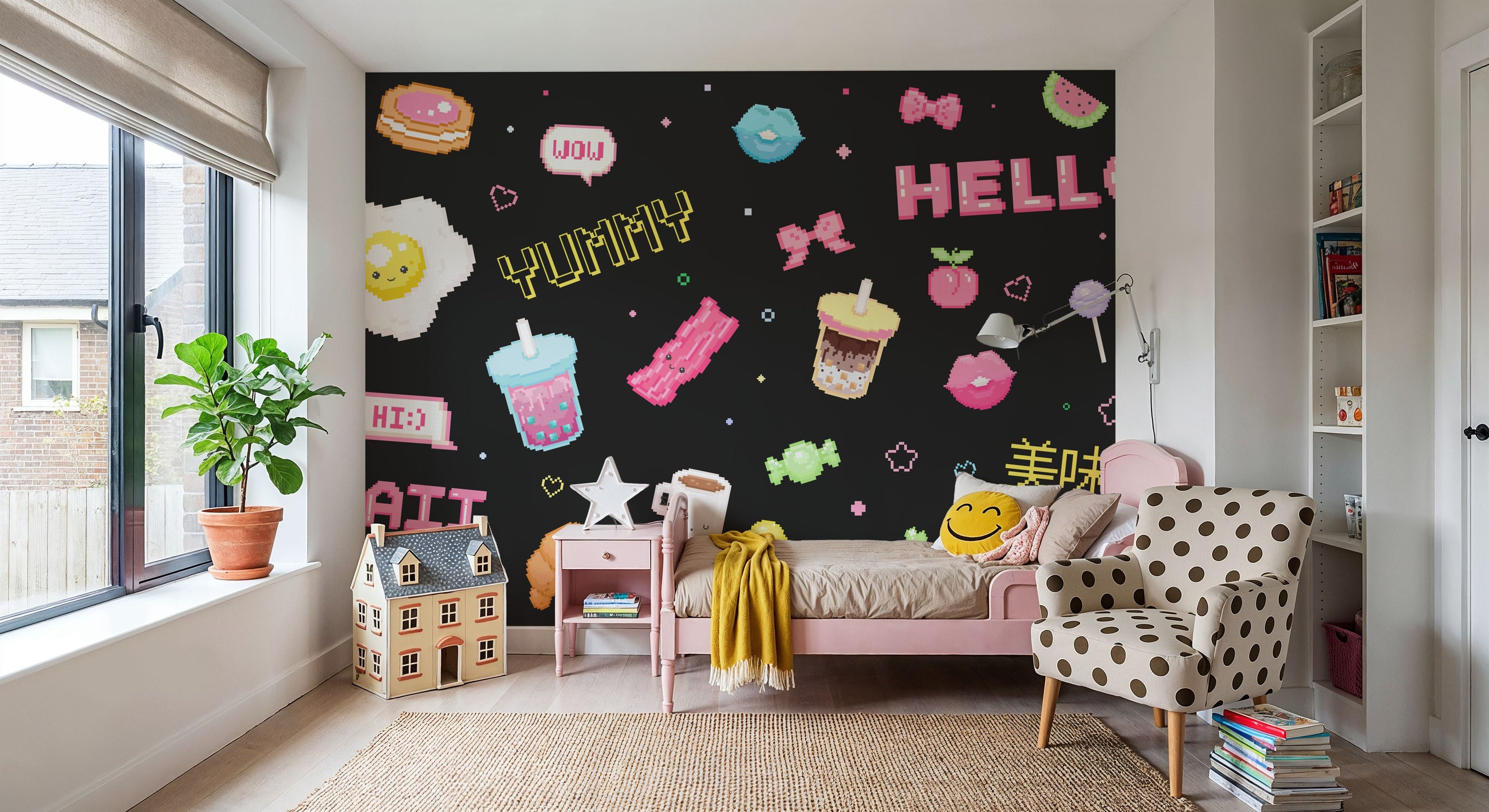 Cute Pixel Hello Dark Mural Wallpaper