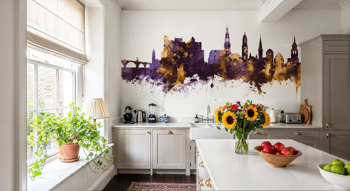 Heidelberg Germany Skyline Purple & Gold Mural Wallpaper - room preview 06