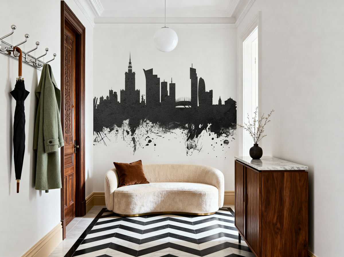 Warsaw Poland Skyline Black & White Mural Wallpaper - room preview 06