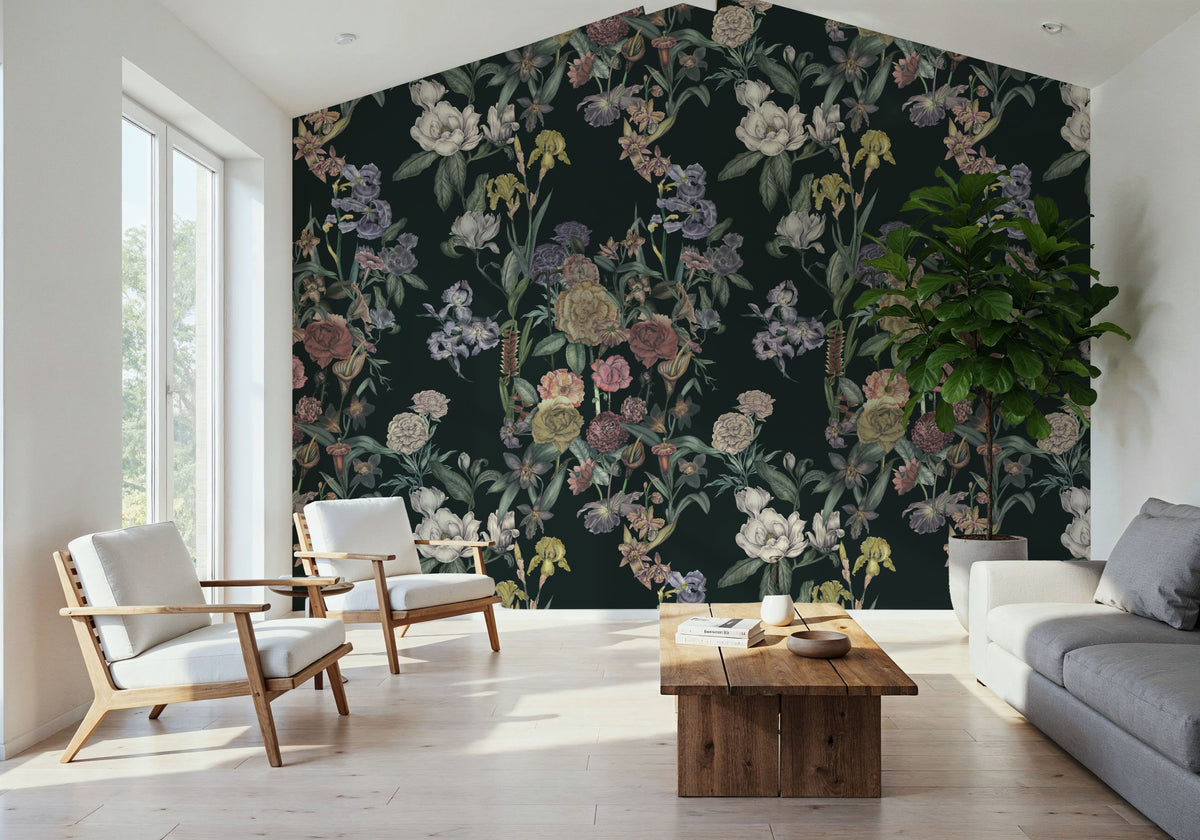 Floral Gaze, Dark Green Mural Wallpaper - room preview 06