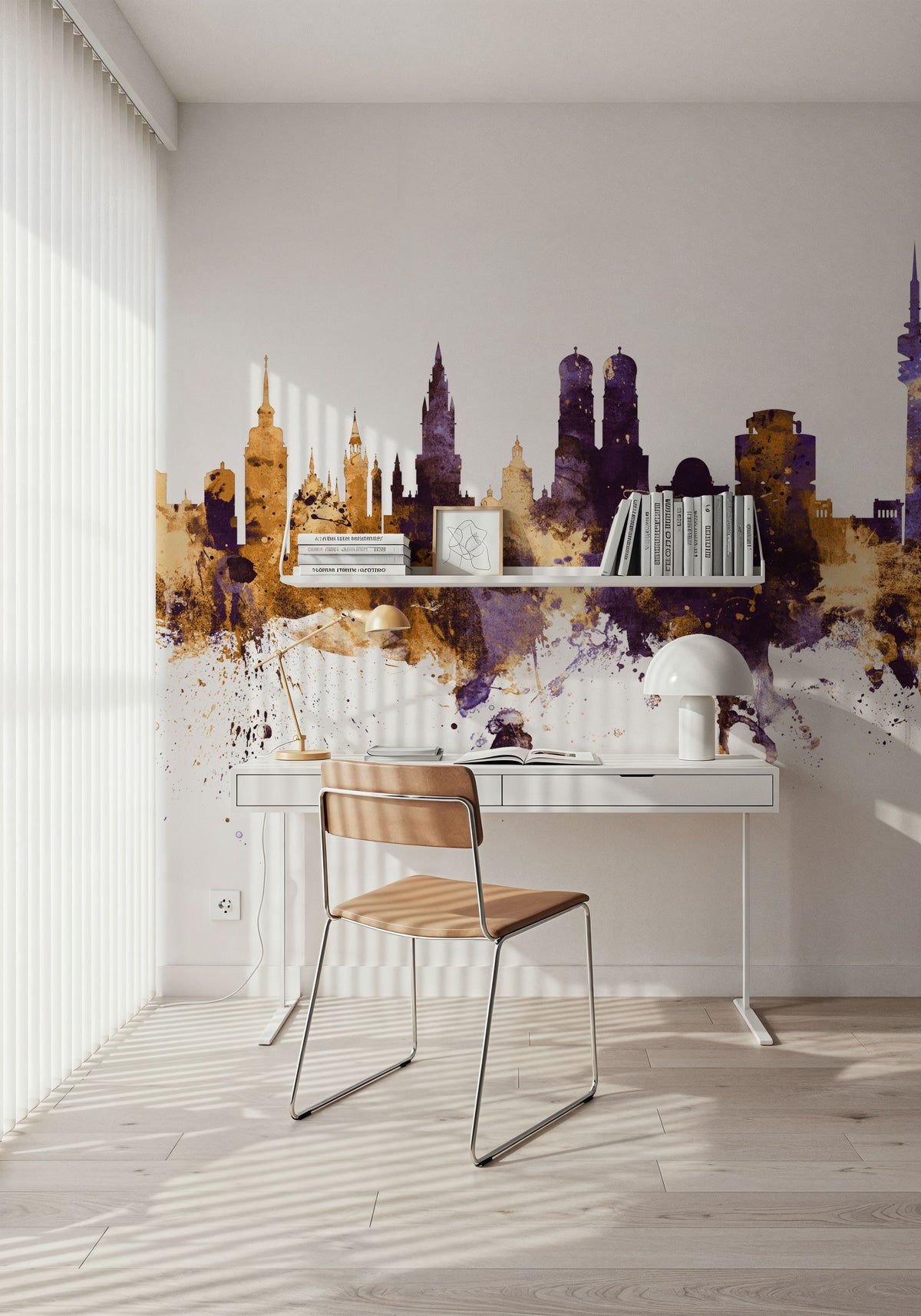 Munich Skyline Purple & Gold Mural Wallpaper - room preview 06