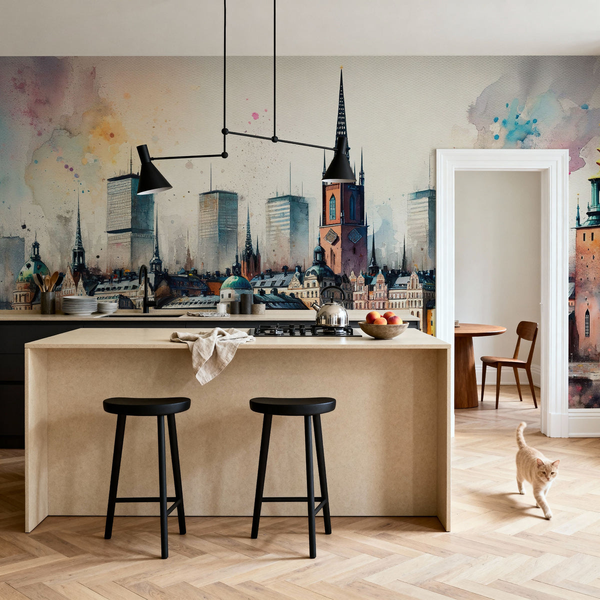 Watercolor Stockholm Skyline Mural Wallpaper - room preview 06