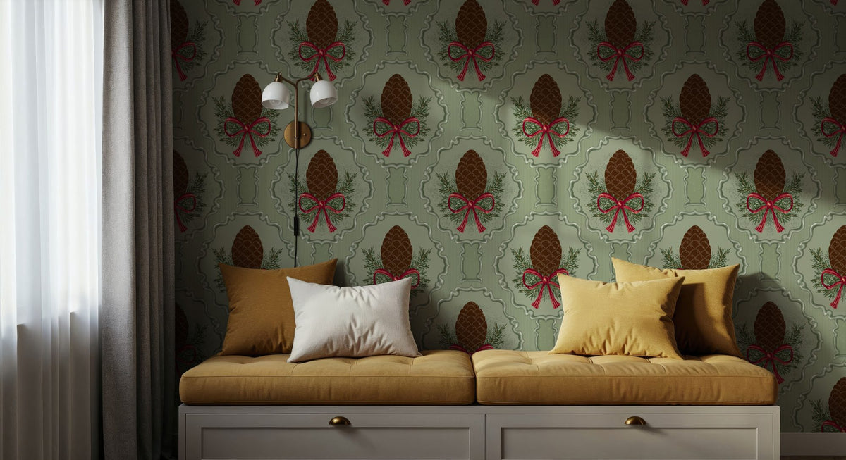Pine Cone & Ornate Rackets, Mint Mural Wallpaper - room preview 06