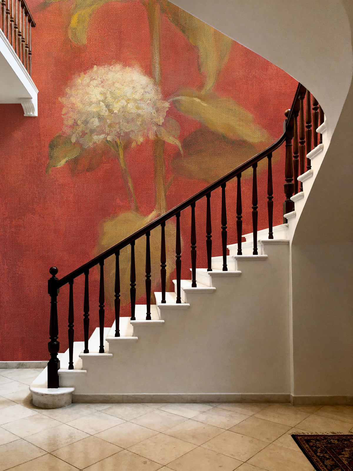 White Hydrangea on Red Mural Wallpaper - room preview 06