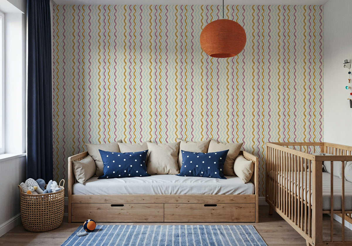 Wavy Stripes, Purple & Mustard Mural Wallpaper - room preview 06