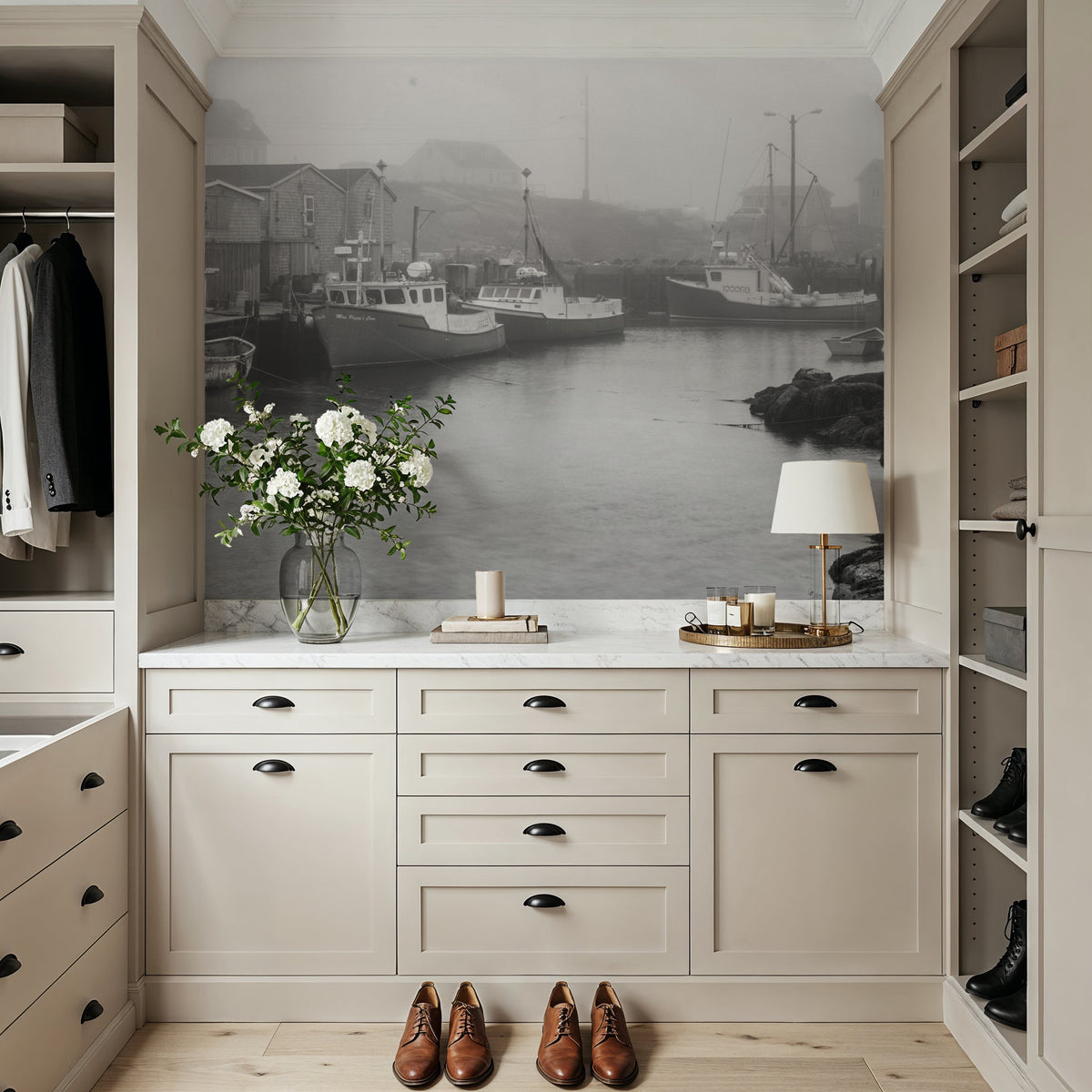 Foggy Fishing BW Mural Wallpaper - room preview 06
