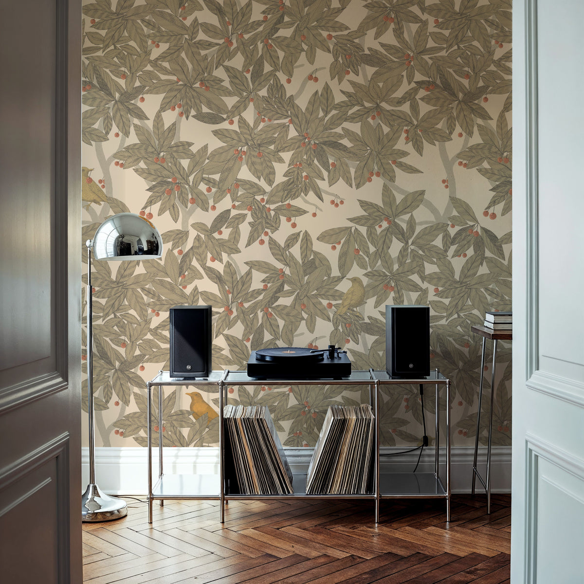 Cherry Tree Birds, Green Mural Wallpaper - room preview 06