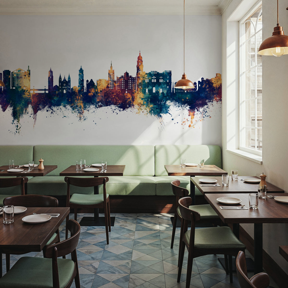 Málaga Spain Skyline Blue & Bronze Mural Wallpaper - room preview 06