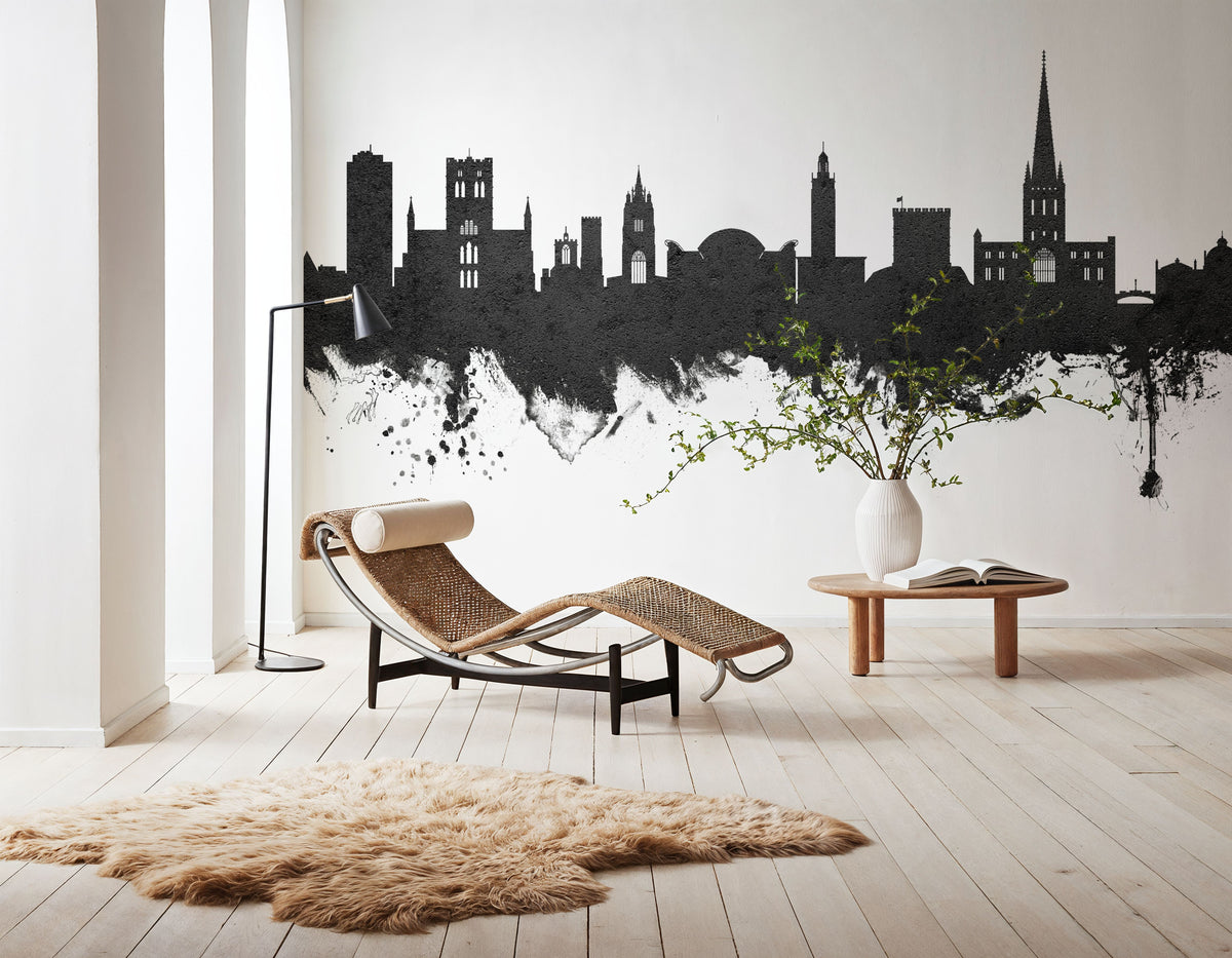 Norwich England Skyline Black & White Mural Wallpaper - room preview 06
