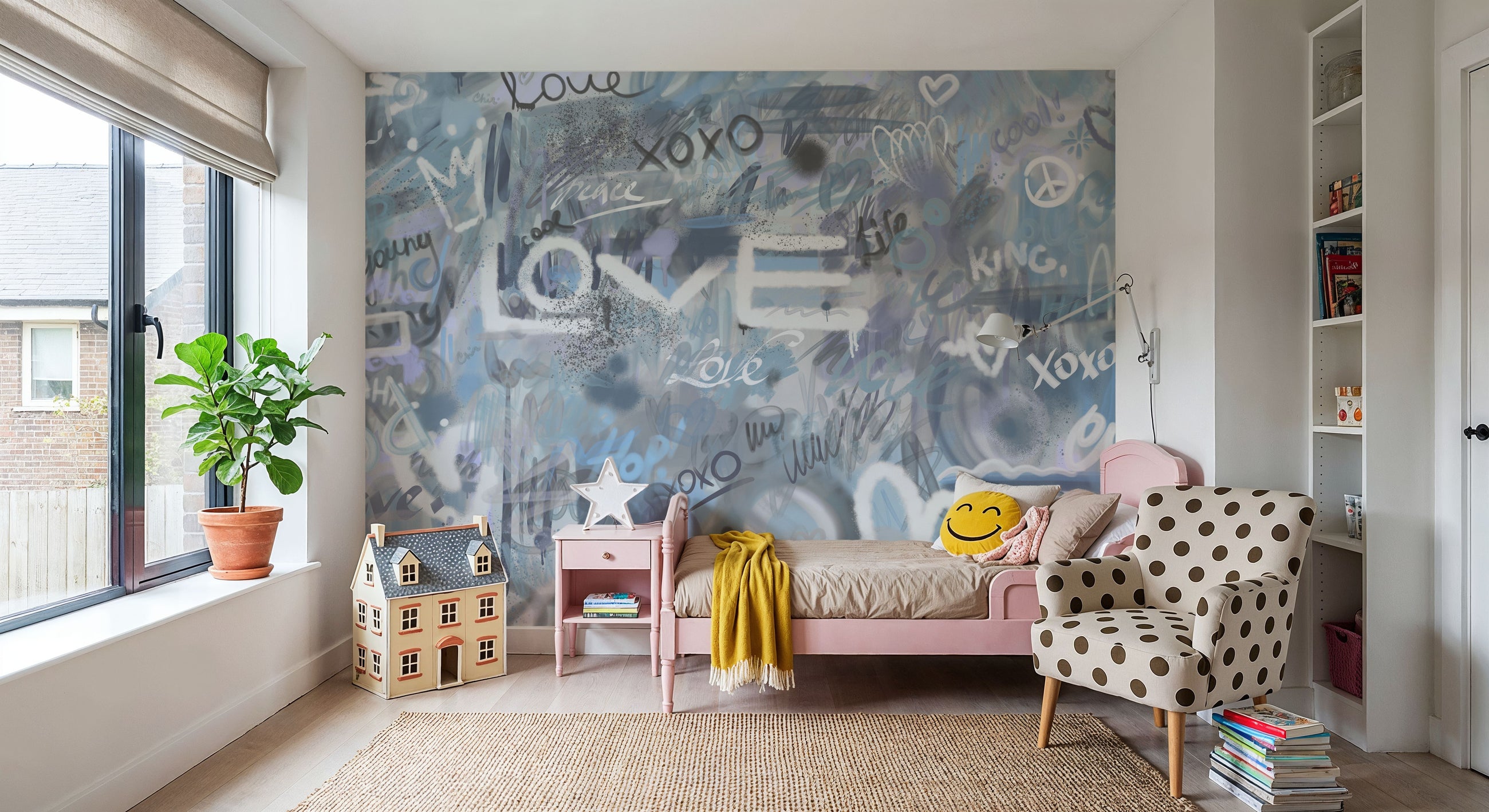 Graffiti Love, Dusty Blue Mural Wallpaper