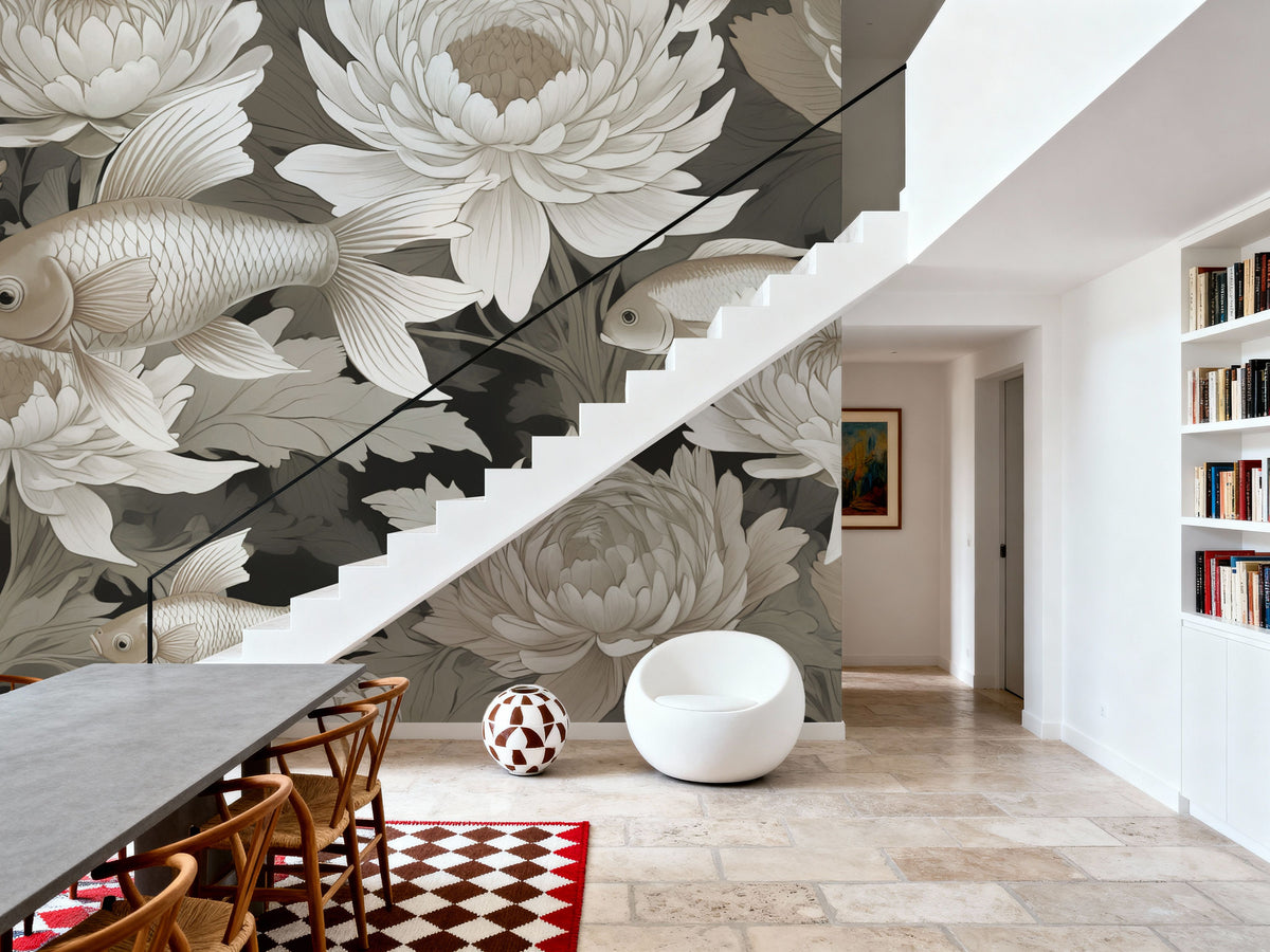 Dancing Fish, Khaki Mural Wallpaper - room preview 06