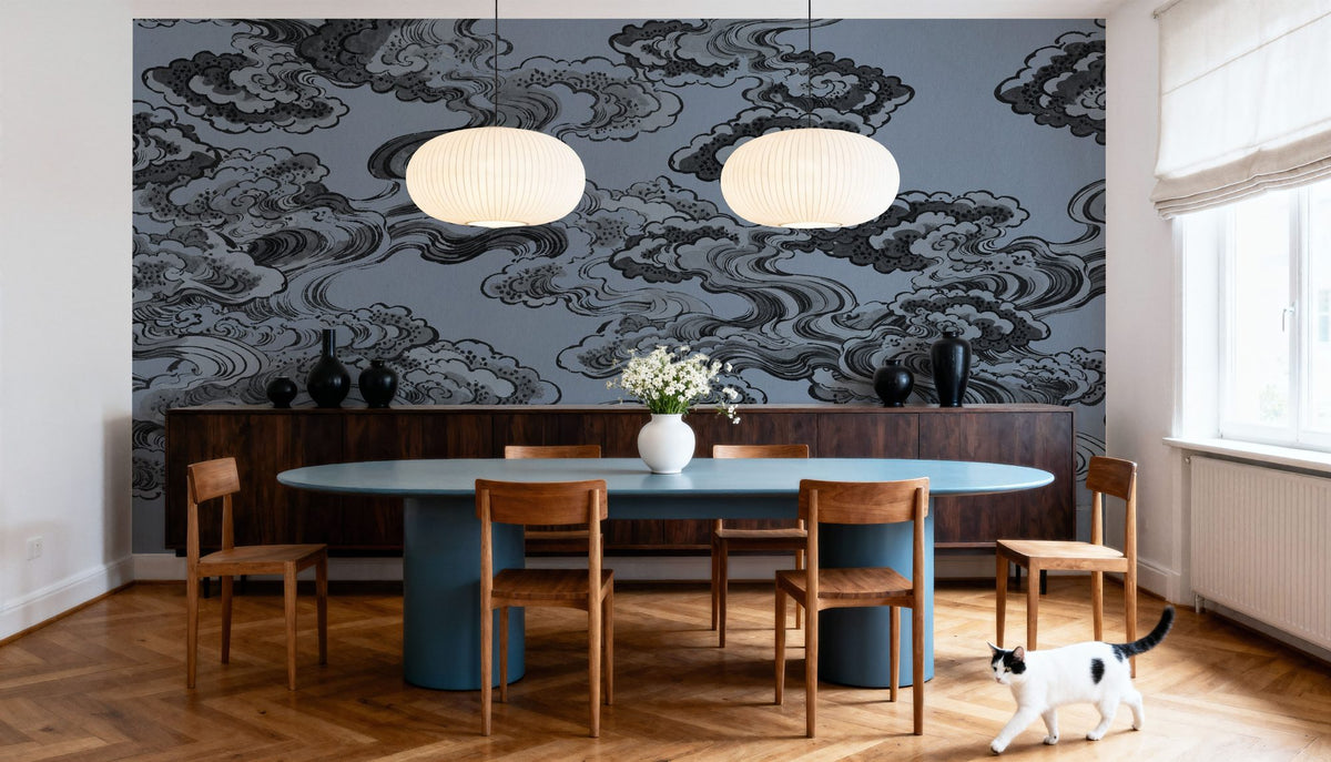 Ukiyo-e Clouds, Denim Blue Mural Wallpaper - room preview 06