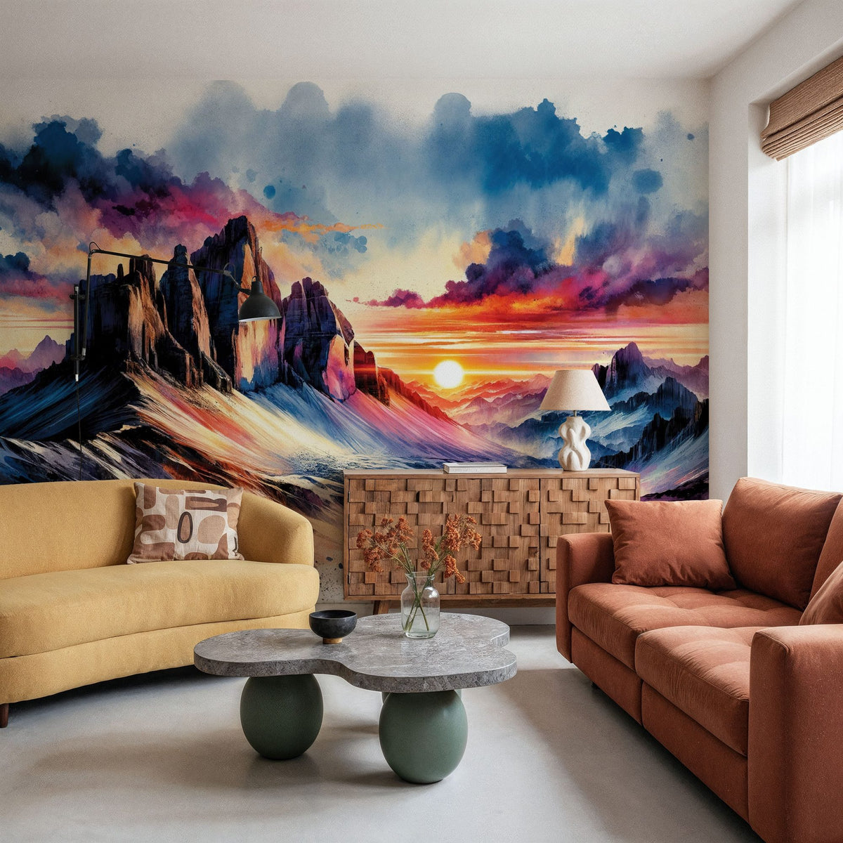 Watercolor Mountains Landscape At Sunset Mural Wallpaper - room preview 06