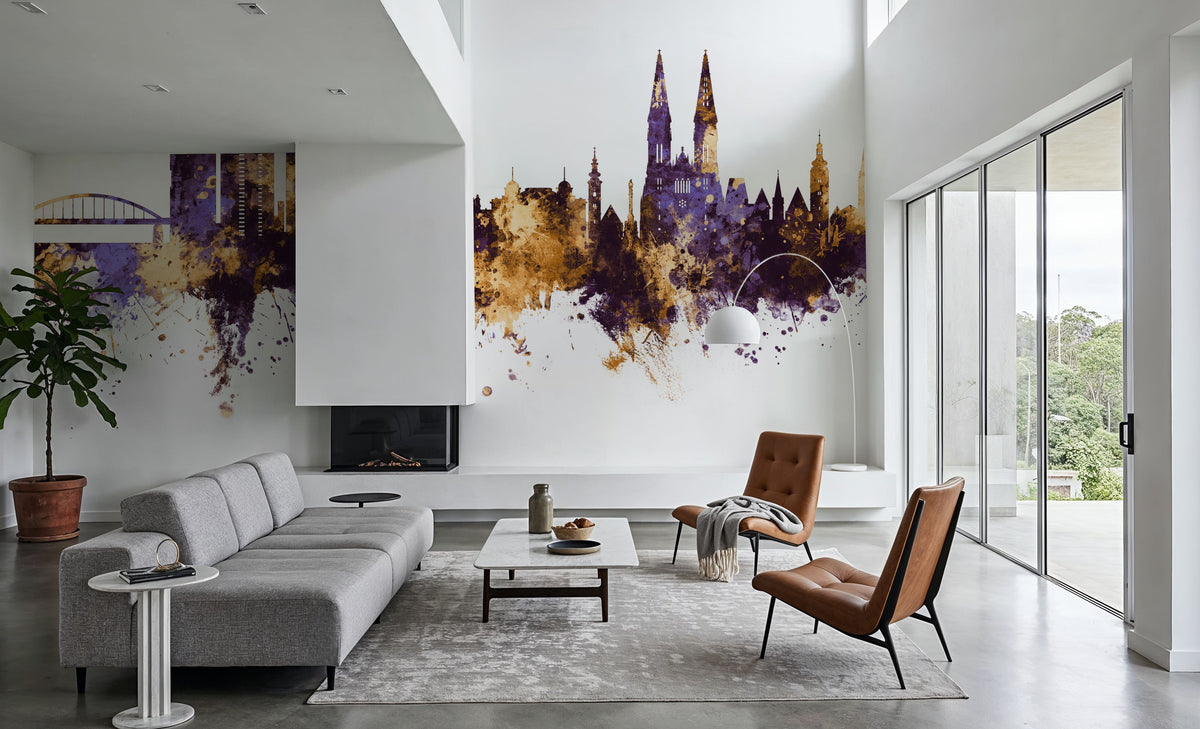 Zagreb Croatia Skyline Purple & Gold Mural Wallpaper - room preview 06